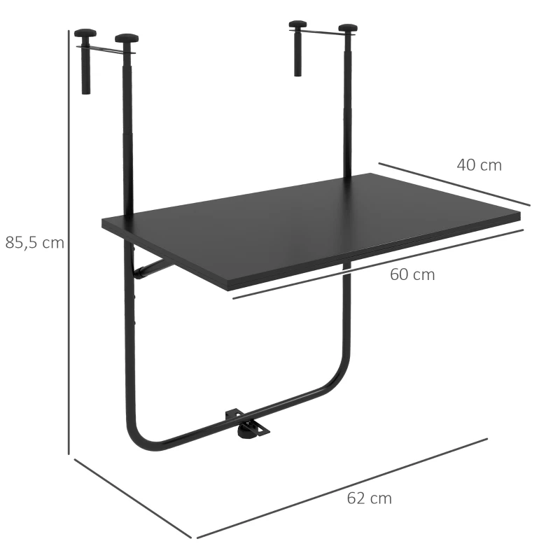 Balkongbord, För Räcken 6-15cm Tjockt, Justerbart, Fällbart, Rostfri Metall, 62x60x85,5cm, Svart 3