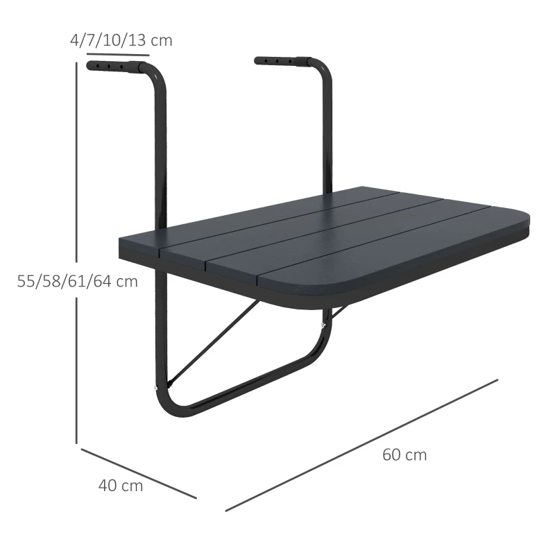 Balkonghängande Bord, Hopfällbart, Höj- Och Sänkbart, Aluminiumstomme, Plastbordsskiva, Trälook, Svart 3