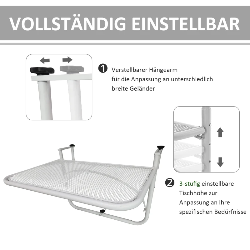 Balkonghängbord Trädgårdsbord Höjdjusterbar Fyrkantig Terrass Metall Vit L60 X B56,5 X H45 Cm 4