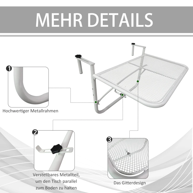 Balkonghängbord Trädgårdsbord Höjdjusterbar Fyrkantig Terrass Metall Vit L60 X B56,5 X H45 Cm 6