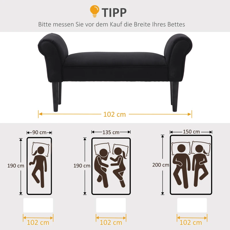 Bänk, Sängbänk, Tidlös Design, Mjuk Stoppning, Upp Till 130 Kg, Svart, 102 X 36 X 51 Cm 5