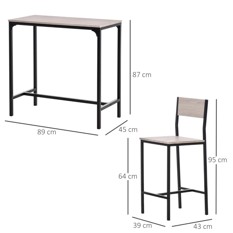 Barbordsset 3-delat, Matbord Med 2 Barstolar, Köksbänk Med Barstolar, Matgrupp, Sittgrupp För Kök, Matsal Och Bistro, Metallstomme, MDF, Natur + Svart, 89 X 45 X 87 Cm 3