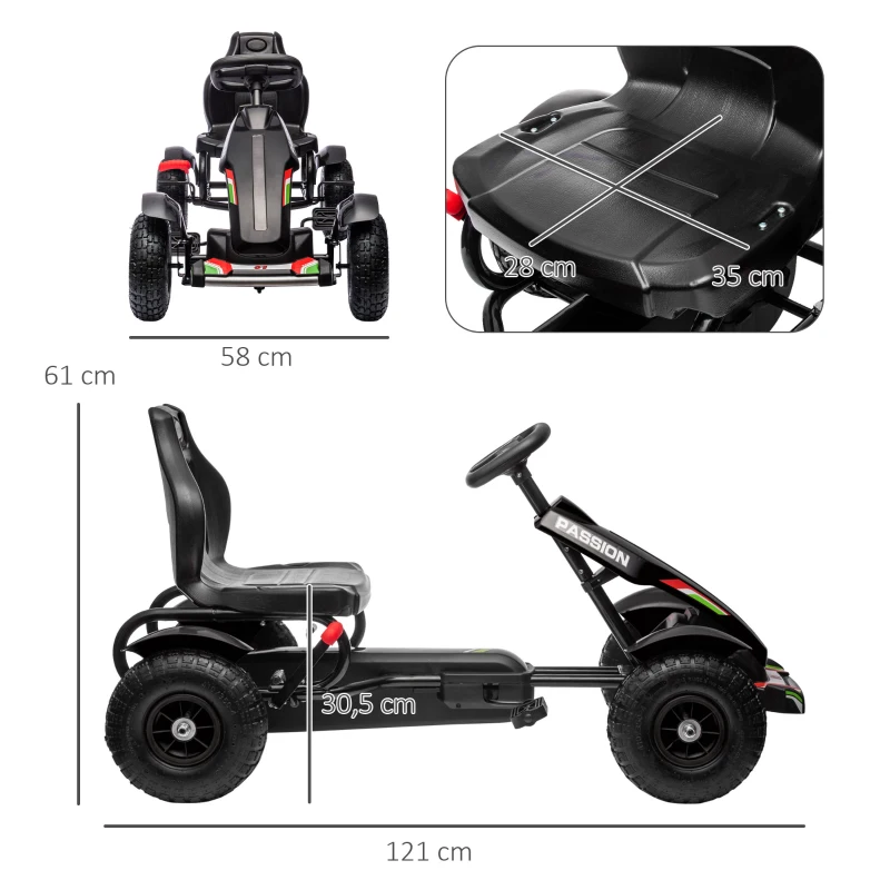 Barn Gokart, Justerbar Sits, Handbroms, Från 5 år, 121 X 58 X 61 Cm, Svart 3