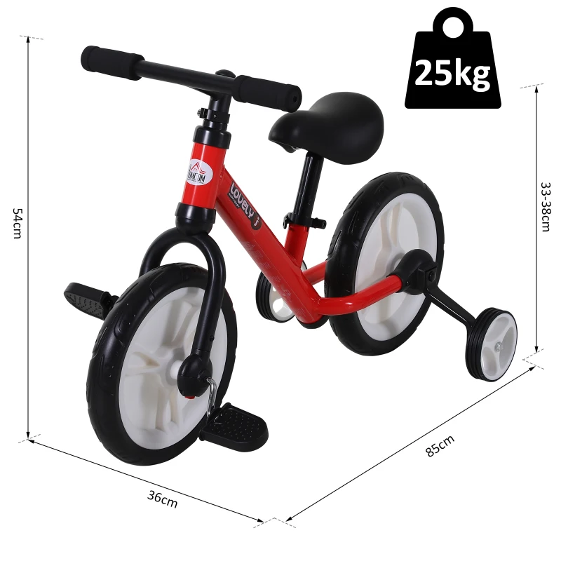 Barnbalanscykel, Inlärningscykel, Barncykel, 2-i-1, Barncykel Med Stödhjul Och Pedaler, 2-5 år, Sitshöjd Justerbar, PP, Röd, 85 X B36 X H54 Cm 3