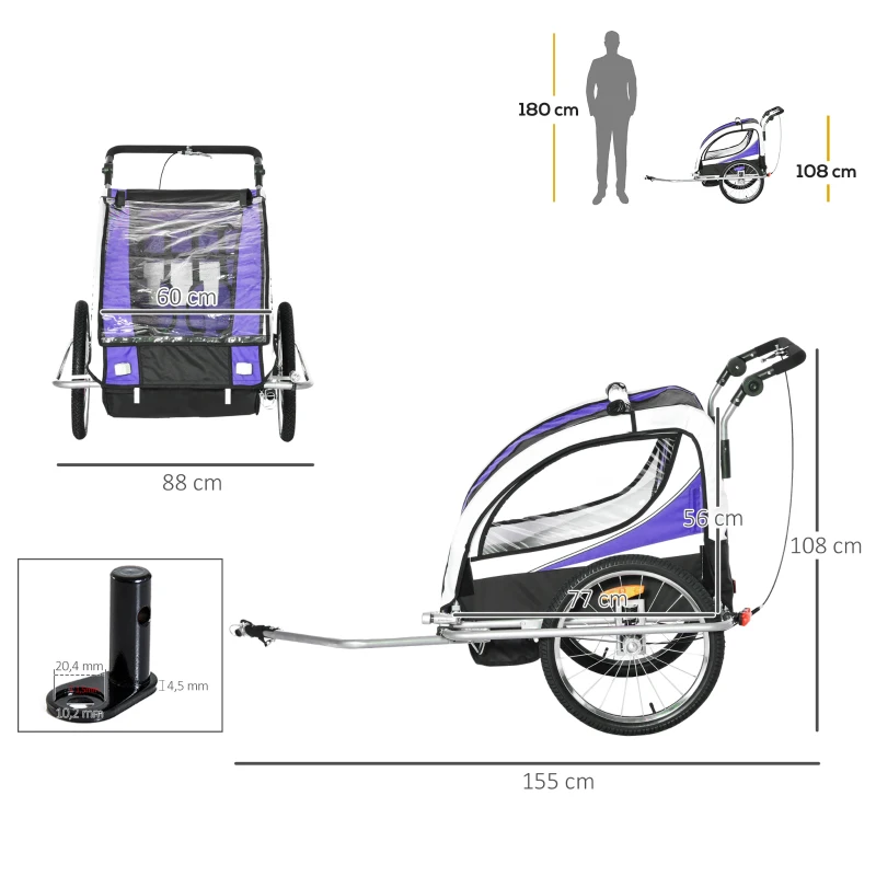 Barncykelvagn För 2 Barn Inklusive Reflexer Och Flagga Blå + Vit + Svart 3