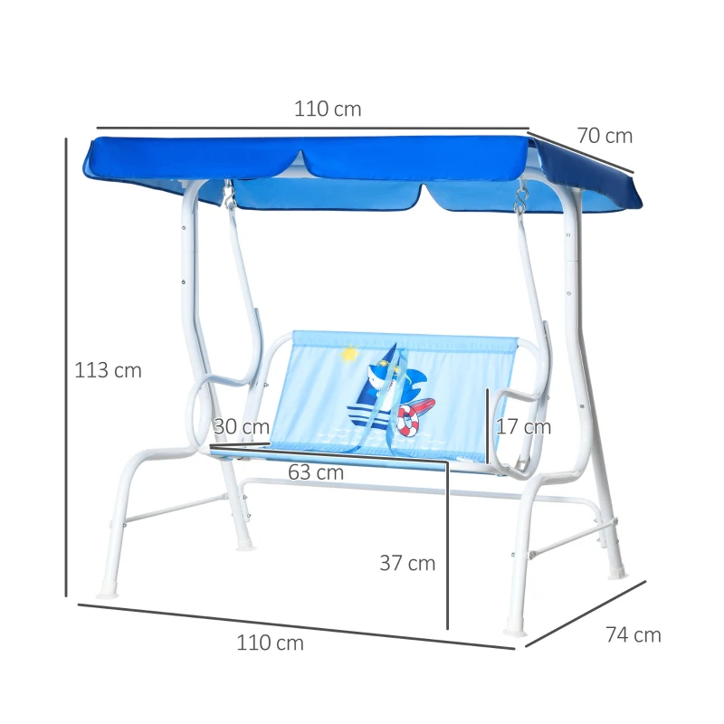 Barngunga Hollywood 2-sits Barngunga Med Justerbar Soltak Trädgårdsgunga För 3-6 år Barn Metallblå 110 X 74 X 113 Cm 3
