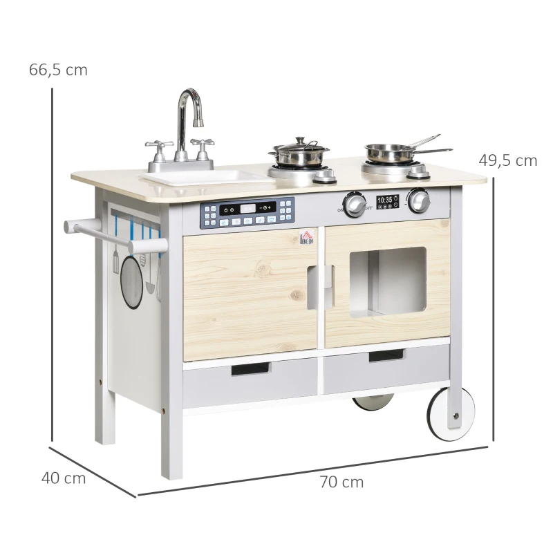 Barnkök Med Hjul Lekköksvagn För Barn Med 2 Kastruller Sple Kokbänksskåp 5 St Kökstillbehör Naturträ + Grått 70 X 40 X 66,5 Cm 3