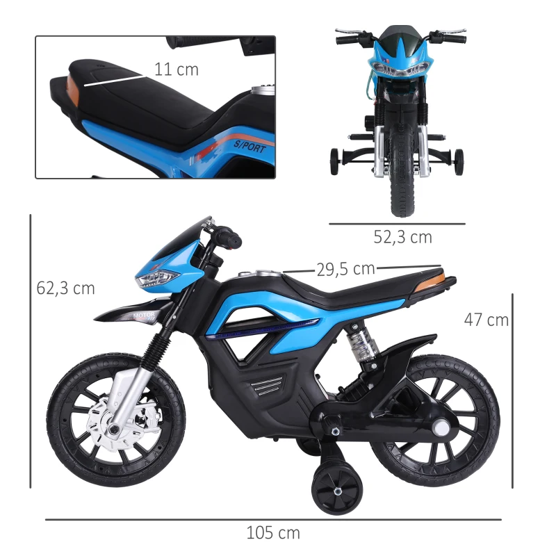 Barnmotorcykel Barnelmotorcykel Elmotorcykel För Barn 3-6 år Lätt Musik MP3 Elfordon Med Stödhjul Max 3 Km/h Metall + Plast Blå 105 X 52,3 X 62,3 Cm 3