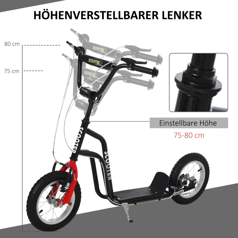 Barnscooterstyre, Justerbar Skoter, Stadsskoter, Barnskoter, Kickboard Med Pneumatiska Däck, 12 Tum Från 5 år, Svart, 120 X 58 X 75-80 Cm 6