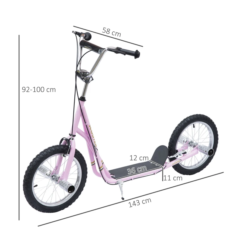 Barnskoter Med Pneumatiska Däck, Sparkscooter, Stadsskoter För Barn, Kickboard 16 Tum Från 5 år, Höjdjusterbar, Rosa, 143 X 58 X 92-100 Cm 3