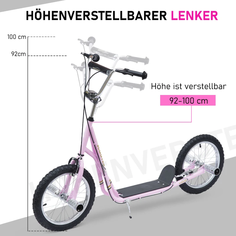 Barnskoter Med Pneumatiska Däck, Sparkscooter, Stadsskoter För Barn, Kickboard 16 Tum Från 5 år, Höjdjusterbar, Rosa, 143 X 58 X 92-100 Cm 4