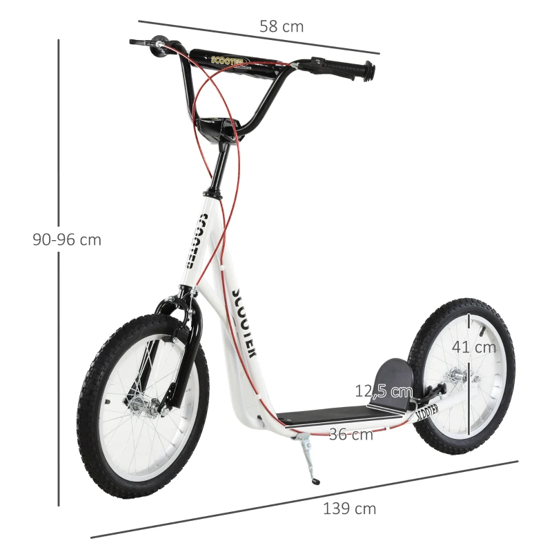 Barnskoter, Stadsskoter, Sparkscooter, Barnsparkbräda Med Pneumatiska Däck Och Handbroms, Skoter, Barn, Vattentät, Hopfällbar Från 5 år, 16 Tum, Vit, 139 X 58 X 90-96 Cm 3