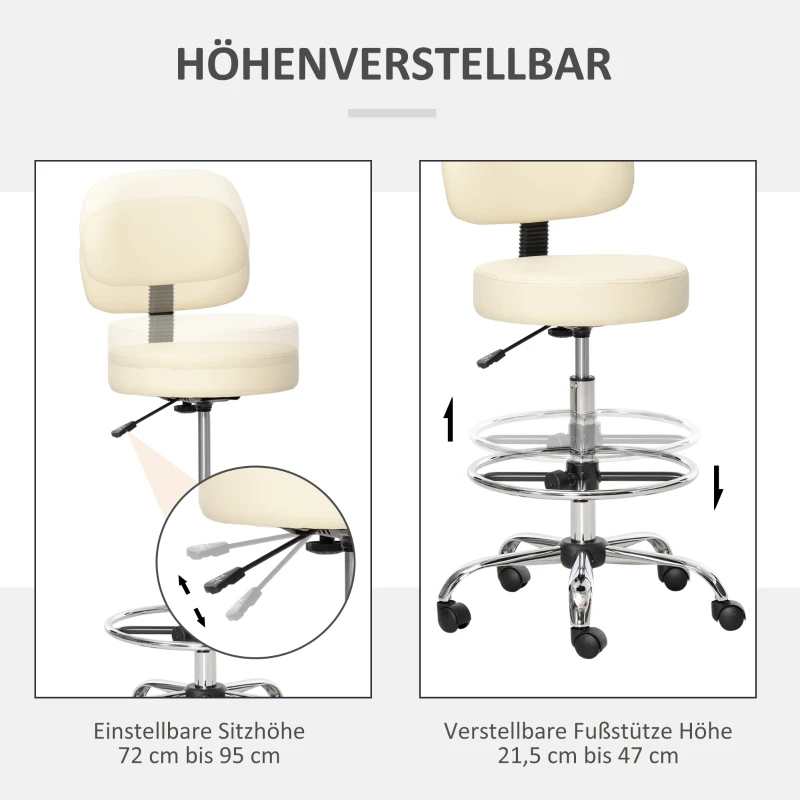 Barpall Snurrstol Höjdjusterbar Barstol Med Hjul Av Konstläder Arbetspall Bro Pall 360 Vridbar Med Ryggstöd Vadderad Beige 56 X 57 X 104-127 Cm 4