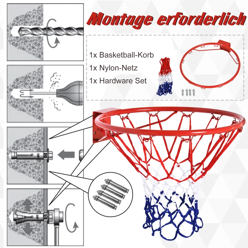 Basketkorg Med Nät, Basketnät, Stålrör + Nylon, Röd + Blå + Vit, 46 Cm 4