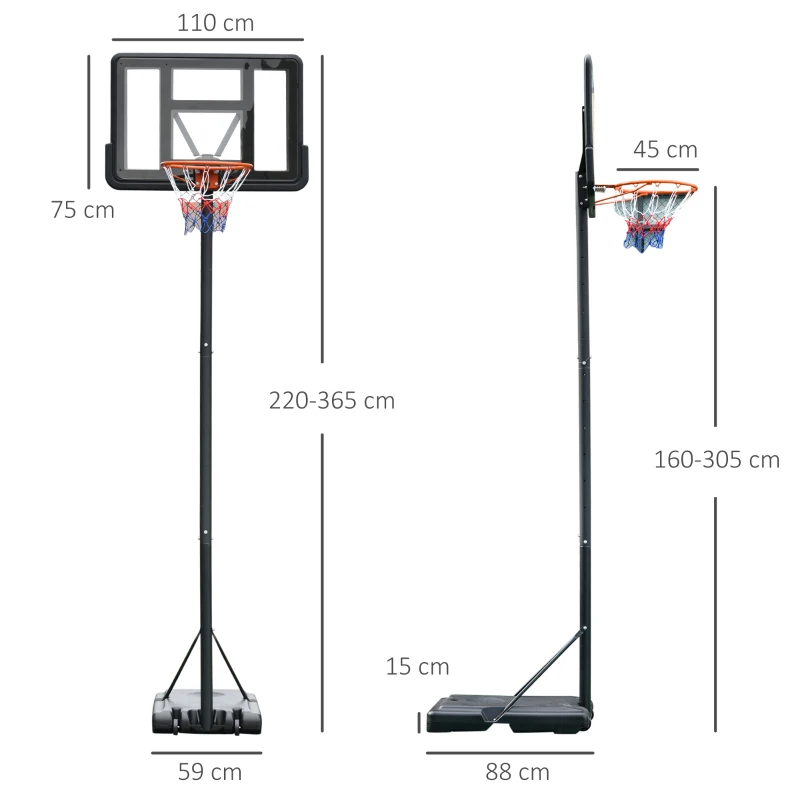 Basketställ Portabelt Fristående Justerbart Basketställ Med Två Rörliga Hjul Lämpligt För Utomhus- Och Inomhusbruk Stål PVC HDPE Svart 110 X 75 X 220-365 Cm 3