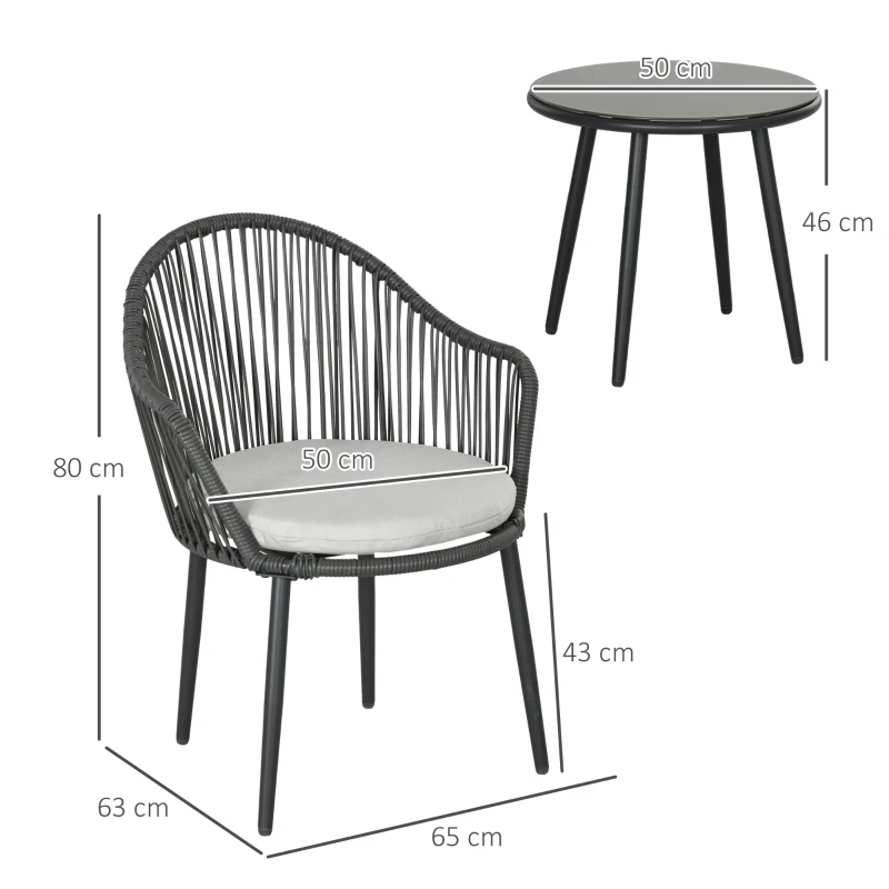 Bistroset Rottingsoffset Uteplatsset, 2 Stolar, 1 Bord, Väderbeständig, 65 X 63 X 80 Cm, Mörkgrå + Ljusgrå 3