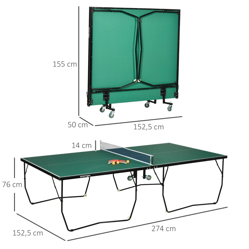 Bordtennisbord, I Originalstorlek, Hopfällbart, 8 Hjul, Inklusive Racketar Och Bollar, Grönt, 2,74 X 1,52 X 0,76 M 3