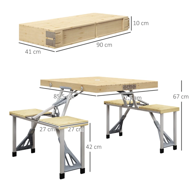 Campingbord, Hopfällbart, 4 Sittplatser, Paraplyhål, Bordsskiva I Trä, Aluminiumstomme, 85,5x72,5x67cm 3