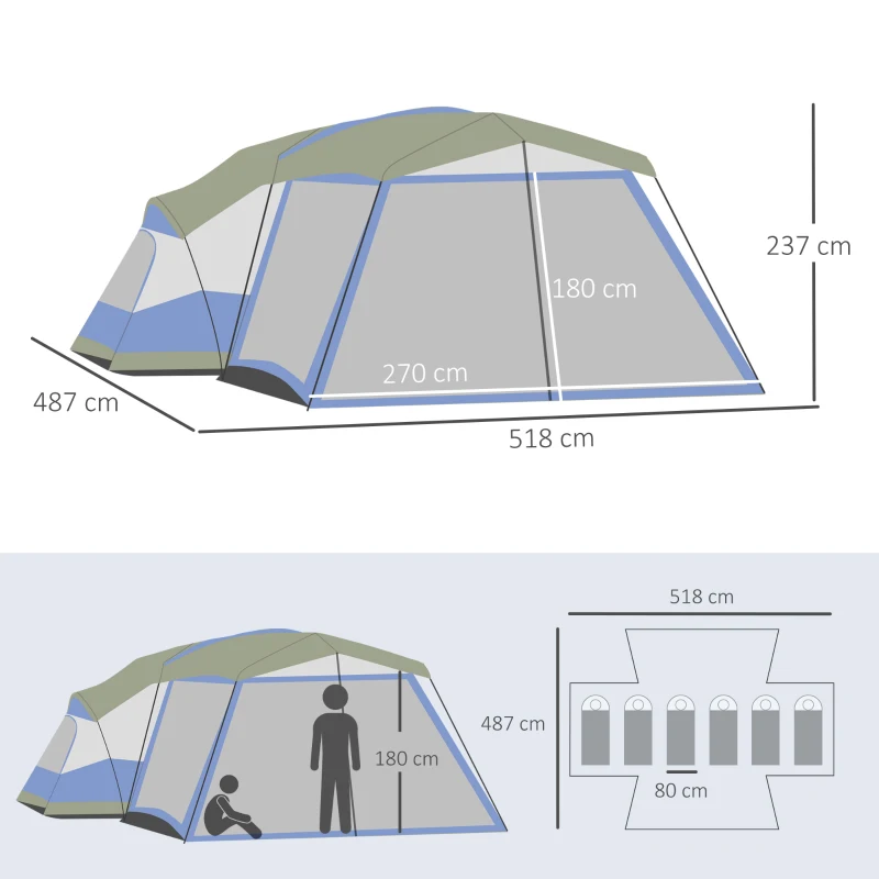 Campingtält 6-8 Personers Tält Familjetält Med Vestibul 2 Fönster Kupoltält PU3000mm För Trekking Festival Glasfiber Blå 518 X 487 X 237 Cm 3