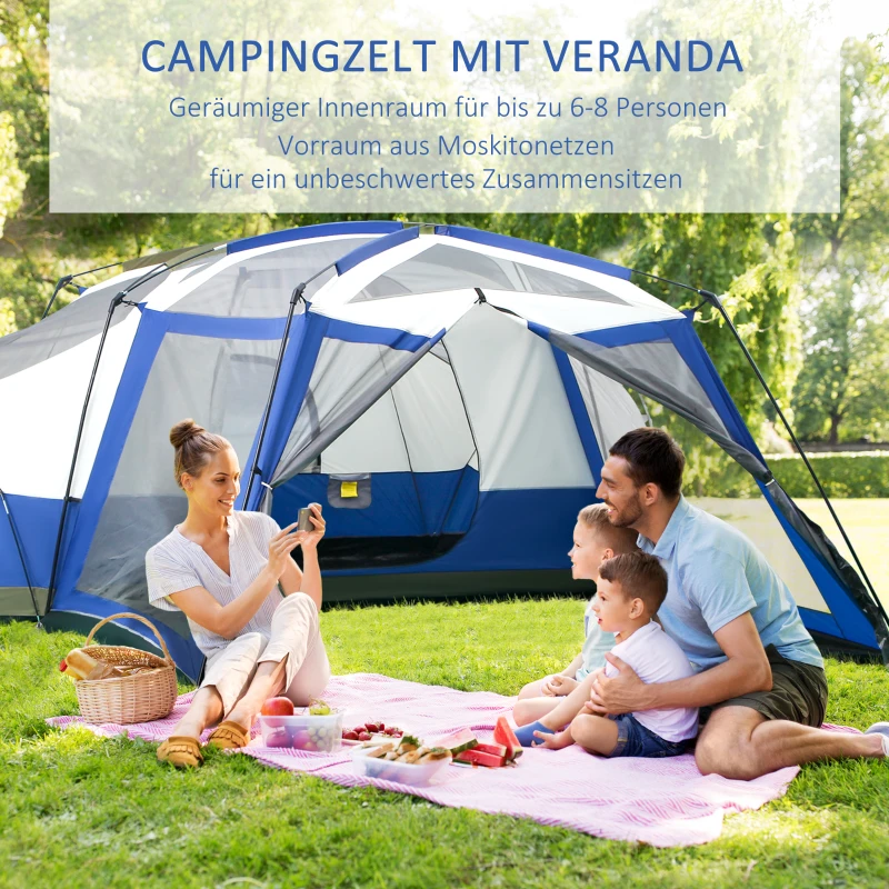 Campingtält 6-8 Personers Tält Familjetält Med Vestibul 2 Fönster Kupoltält PU3000mm För Trekking Festival Glasfiber Blå 518 X 487 X 237 Cm 4