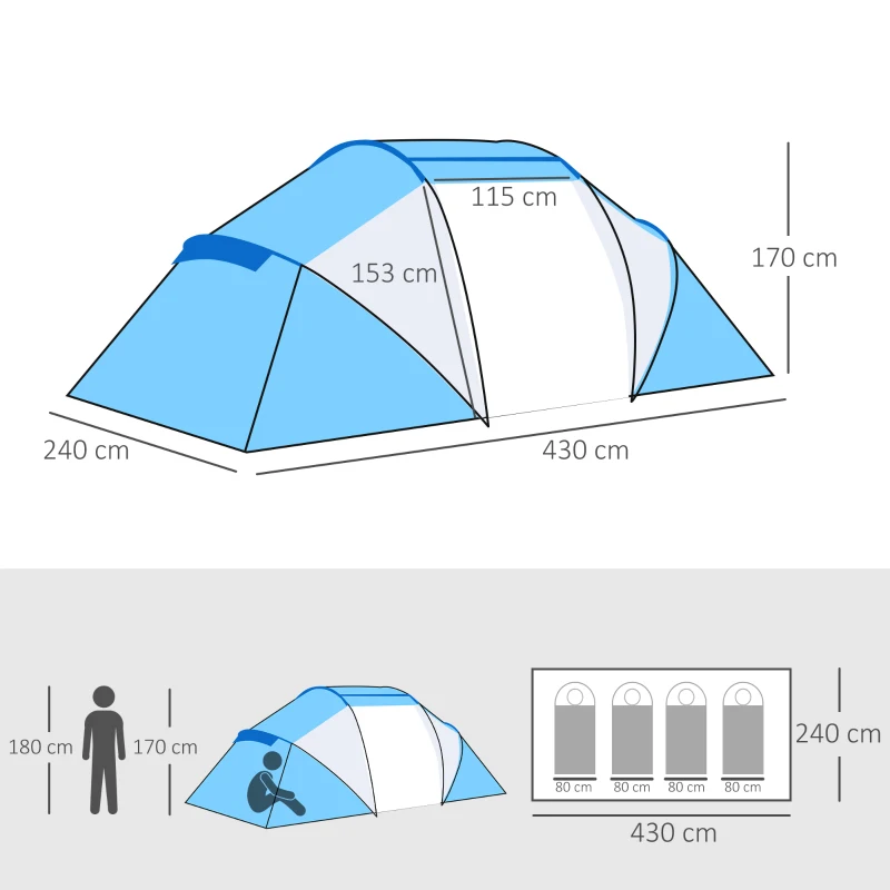 Campingtält Familjetält Tunneltält Med 2 Sovhytter 4-6 Personer Blå L430 X B240 X H170cm 3