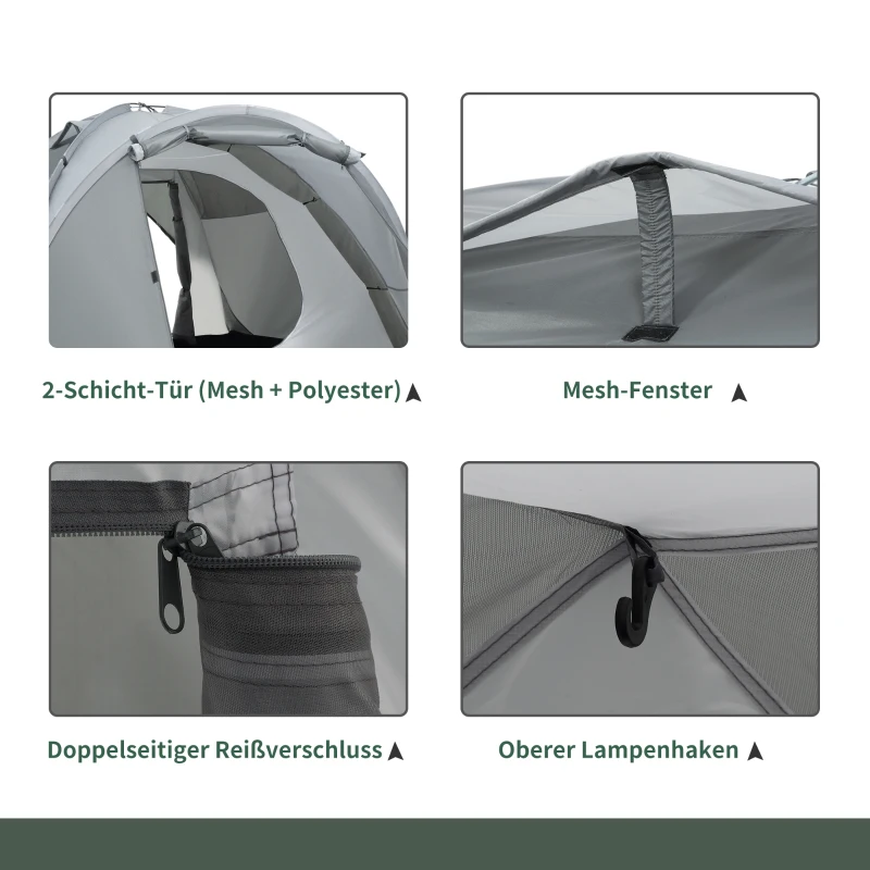 Campingtält För 2-3 Personer Glasfiberdörr Med Dragkedja I Nätfönster Inkl Transportväska Kupoltält 190T PU2000mm Glasfibergrå 5