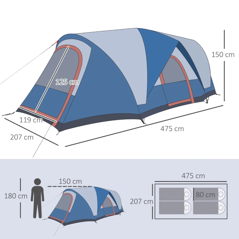 Campingtält För 3-4 Personer, Två Dörrar, Nätfönster, Blå, 4,75 X 2,64 X 1,50 M 3