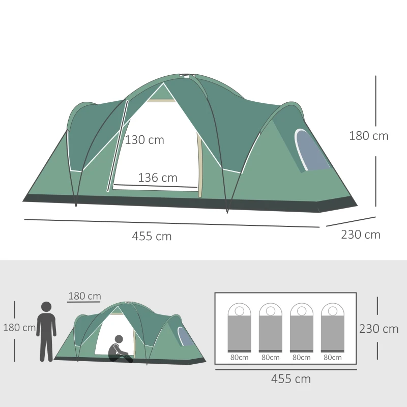 Campingtält För 5-6 Personer, Familjetält, Lampkrokar, Sidofickor, 4,55x2,3x1,8m, Grön/svart 3