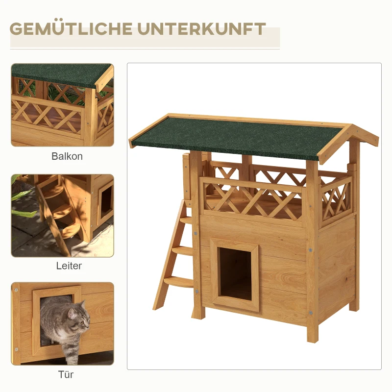 Cat House Cat Hut Pet Hut Asfalttak 2 Nivå 1 Stege Naturlig + Grön 4