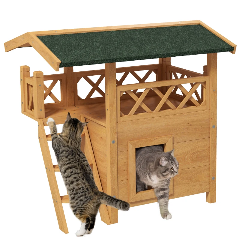 Cat House Cat Hut Pet Hut Asfalttak 2 Nivå 1 Stege Naturlig + Grön 10