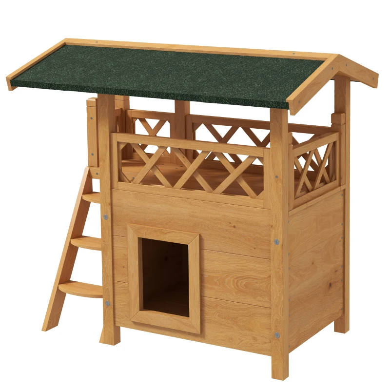 Cat House Cat Hut Pet Hut Asfalttak 2 Nivå 1 Stege Naturlig + Grön 1