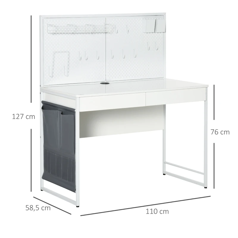 Datorbord Med 2 Lådor, Inklusive Anteckningsgaller, 10 Krokar, 1 Sidficka, Vit + Grå 3