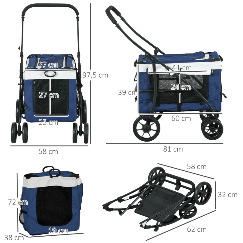 Dog Buggy Pet Buggy Hundvagn Vikbar Avtagbar Korg 81 X 58 X 97,5 Cm Svart + Blå + Vit 3