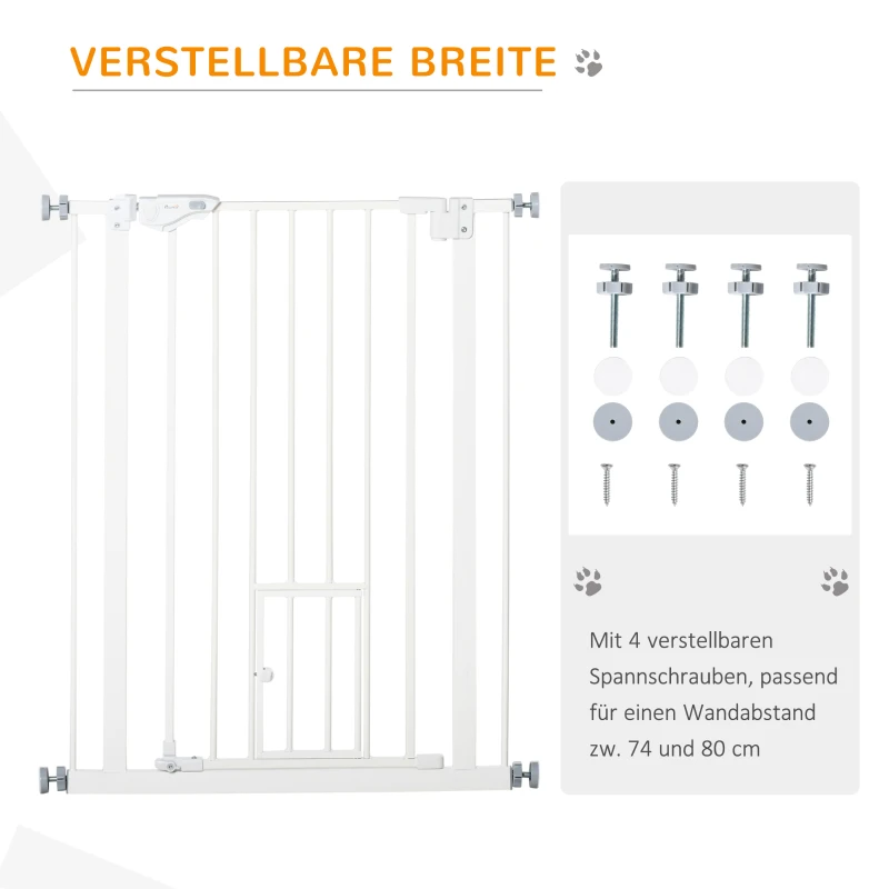 Dörrgrind Med Kattlucka, Montering Utan Borrning, Variabel Bredd 74-80 Cm, Enhandsöppning, Metall, Vit 6