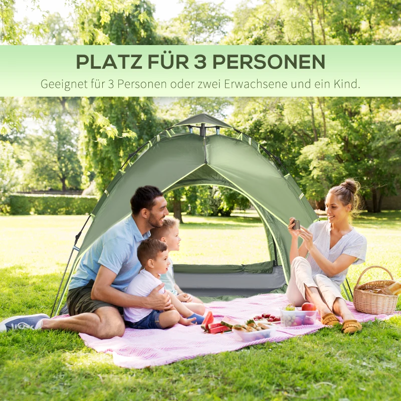 Dubbeltält Campingtält Utomhustält Familjetält Snabbtält 2 Vuxna + 1 Barn 4 Säsonger Vattentät Bärväska 2 Dörrar Polyester + Glasfiber Mörkgrön 210 X 210 X 140 Cm 4