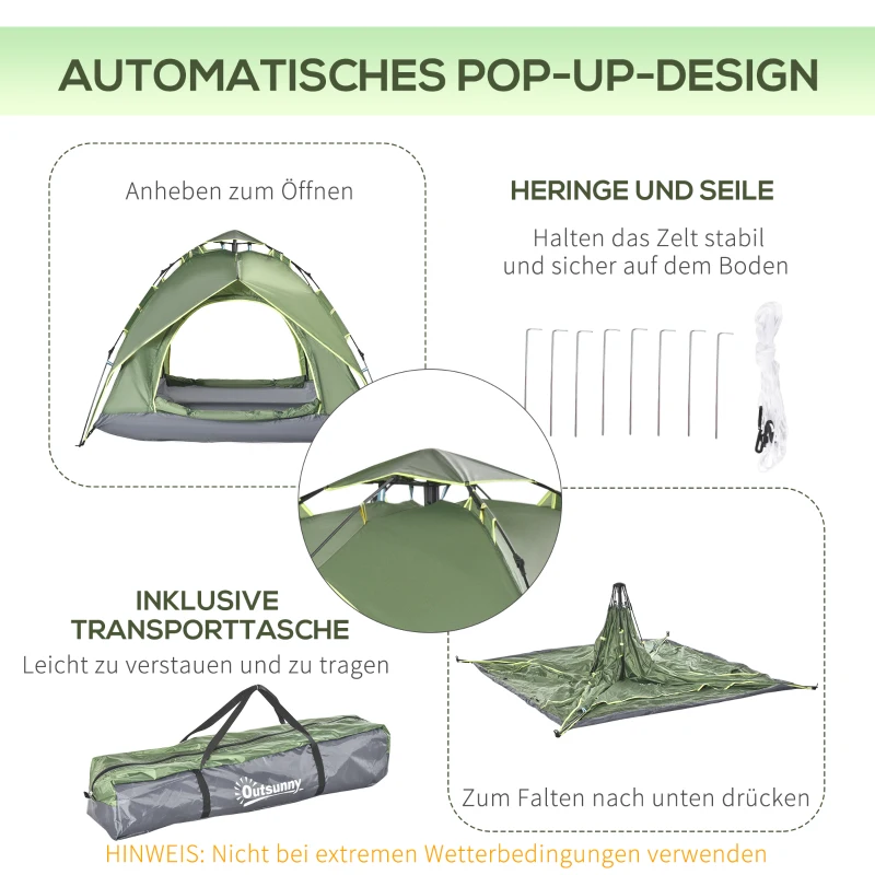 Dubbeltält Campingtält Utomhustält Familjetält Snabbtält 2 Vuxna + 1 Barn 4 Säsonger Vattentät Bärväska 2 Dörrar Polyester + Glasfiber Mörkgrön 210 X 210 X 140 Cm 6