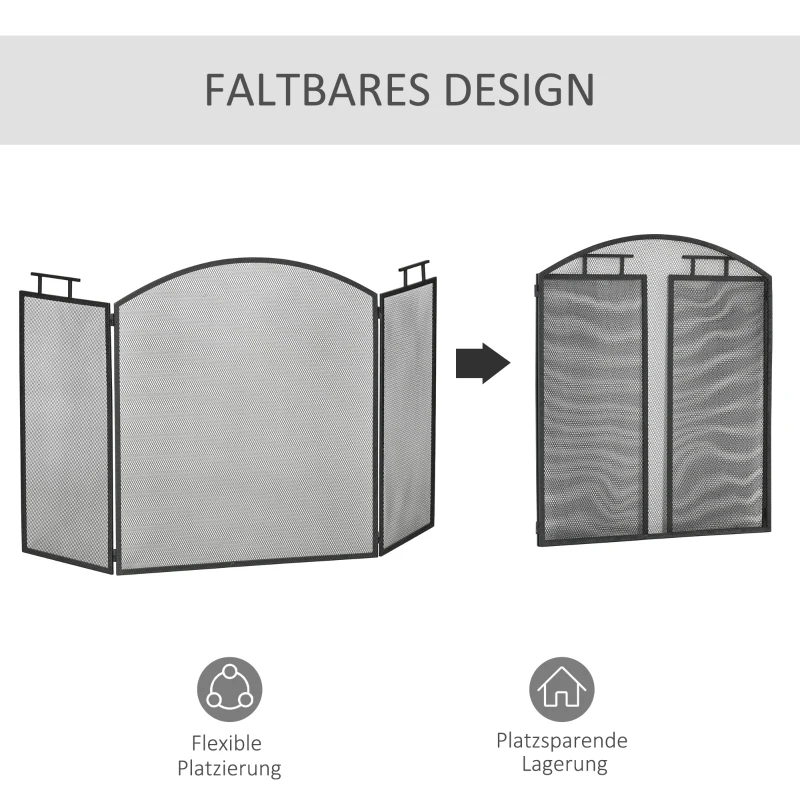 Eldstadsskyddsgaller, Gnistskyddsgaller Med Nät, Järngaller, Eldstadsgaller, Hopfälld, Tredelad Design, Metall, Svart, 128 X 2 X 76,5 Cm 5