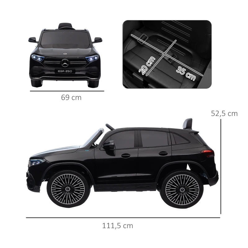 Elektrisk Barnbil, Licensierad Mercedes-Benz EQA, 3-8 Km/h, Musik, Strålkastare, Signalhorn, Fjärrkontroll, Svart 3