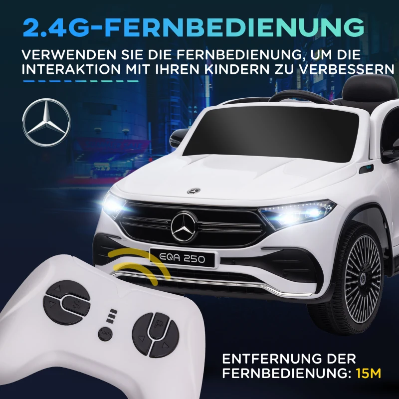 Elektrisk Barnbil, Licensierad Mercedes-Benz EQA, 3-8 Km/h, Musik, Strålkastare, Signalhorn, Fjärrkontroll, Vit 5