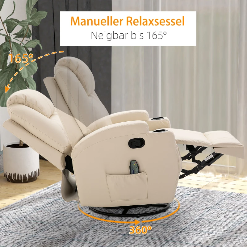 Elektrisk Massagestol, Avslappningsstol, TV-stol, Massagefunktion, 5 Massagelägen, Liggfunktion, Konstläder, Trä, Metall, Skum, Krämvit, 84 X 92 X 109 Cm 7