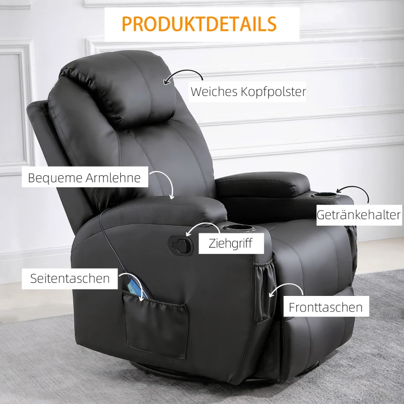 Elektrisk Massagestol, Avslappningsstol, TV-stol, Massagefunktion, 5 Massagelägen, Liggfunktion, Konstläder, Trä, Metall, Skum, Svart, 84 X 92 X 109 Cm 8