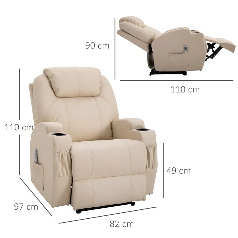 Elektrisk Massagestol, Avslappningsstol, TV-stol, Massagefunktion, Liggfunktion, Konstläder, Trä, Metall, Skum, Beige, 82 X 97 X 110 Cm 3