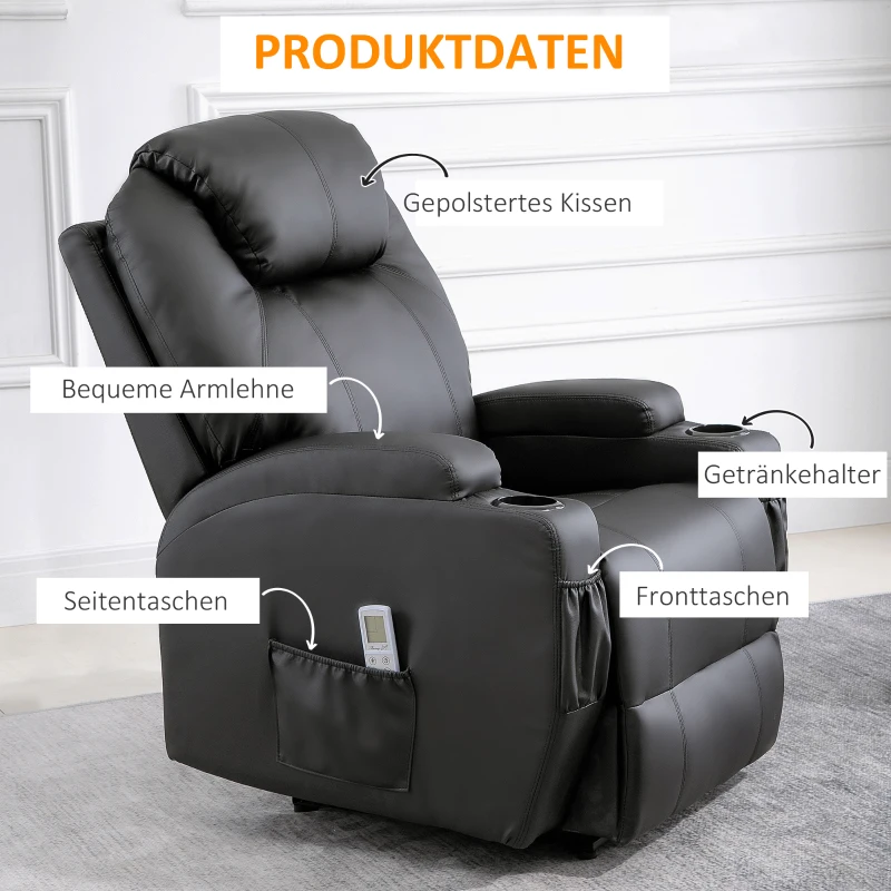 Elektrisk Massagestol, Avslappningsstol, TV-stol, Massagefunktion, Liggfunktion, Konstläder, Trä, Metall, Skum, Svart, 82 X 97 X 110 Cm 8