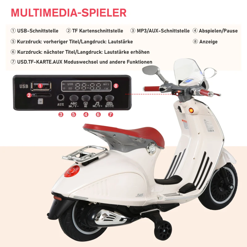 Elfordon, Barnfordon, Barnmotorcykel, Elmotorcykel Med MP3-musikbelysning, 3-6 år, PP, Vit, 108 X 49 X 75 Cm 8