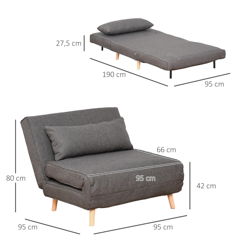 Enkel Bäddsoffa Bäddsoffa Hopfällbar Soffa Justerbart Ryggstöd Solstol Nordic Scandinavian 25D Skumhus Imitation Linne Gran Trä Grå 94 X 78 X 80 Cm 3