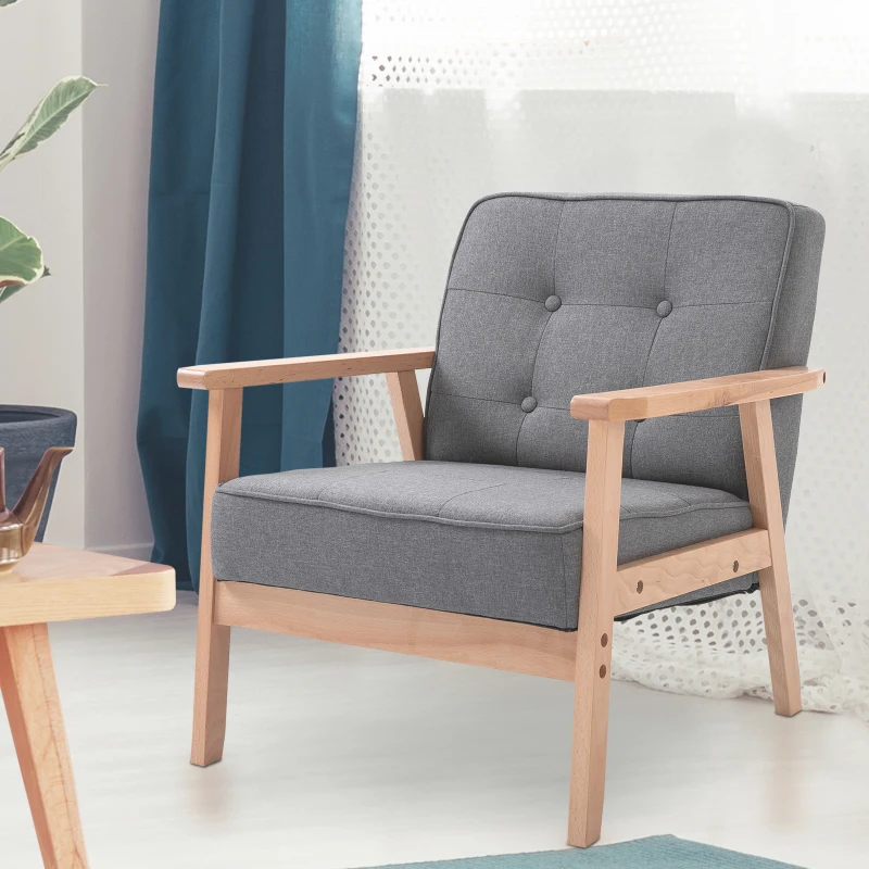 Enkel Soffa Lounge Stol Stoppad Stol Med Armstöd Träram Linne Grå 64,5 X 70 X 74 Cm 2