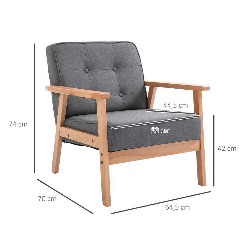 Enkel Soffa Lounge Stol Stoppad Stol Med Armstöd Träram Linne Grå 64,5 X 70 X 74 Cm 3