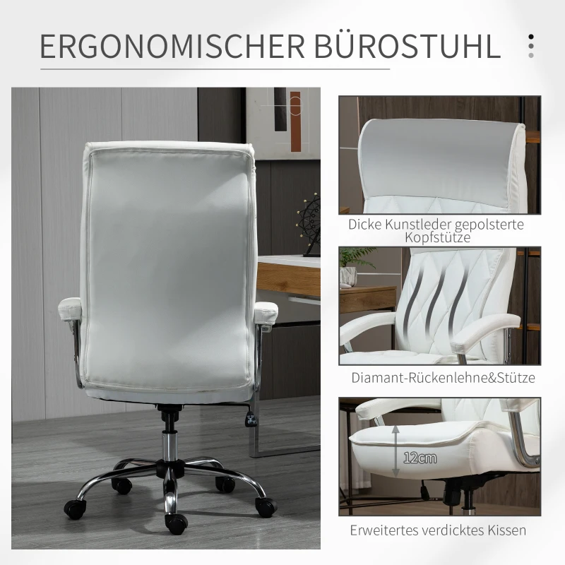 Executive Stol Kontorsstol Skrivbordsstol Snurrstol Ergonomisk Med Vippfunktion Höjdjusterbar Diamantmönster Modern Elegant Lyxig Konstläder Metallskum Vit 66x69x121 Cm 6