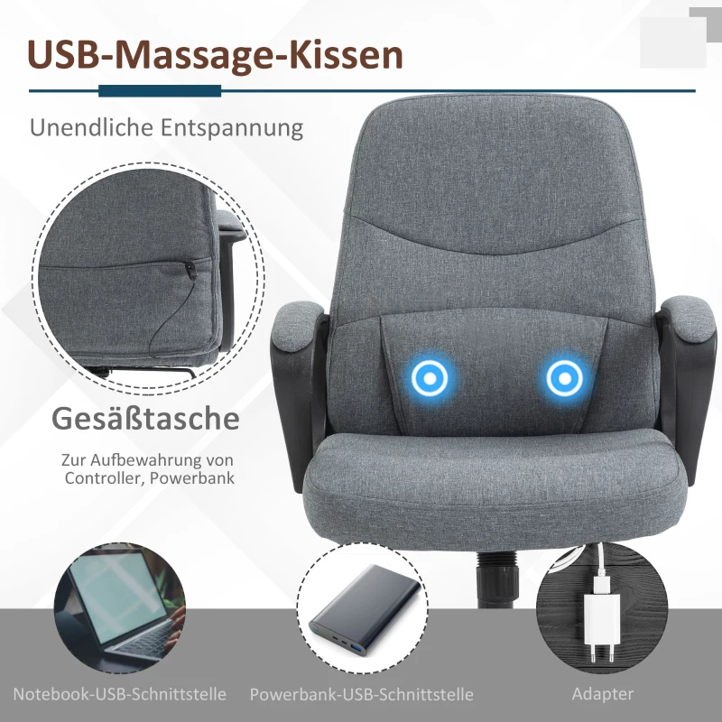 Executive Stol Med Massagefunktion Massagestol Höjdjusterbar Snurrstol Kontorsstol Ergonomisk Linjedesign Med USB-gränssnitt Höjdjusterbar Polyester PP Grå 59 X 63 X 92-101 Cm 4