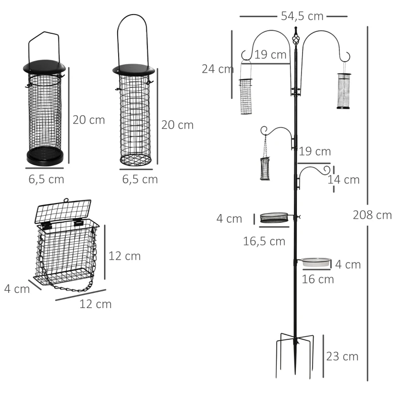 Fågelmatningsstationsset Av Stål, Höjd 208 Cm, Inklusive 4 Krokar, Fågelbad, Utfodringsplatta, Komplett Foderpelare, Fågelmatarstation, Svart 3